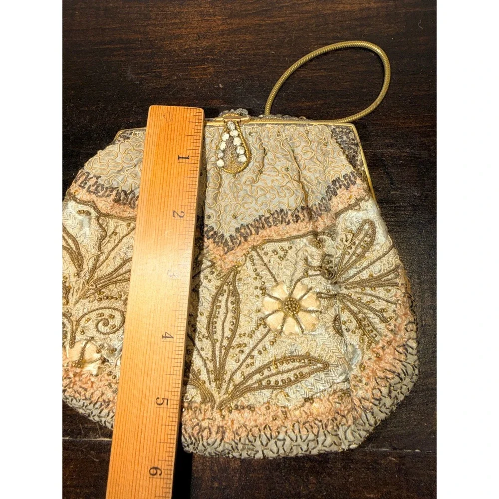 Vintage Gold Soutache Beaded Floral Evening Bag Rhinestone Clasp Snake Chain